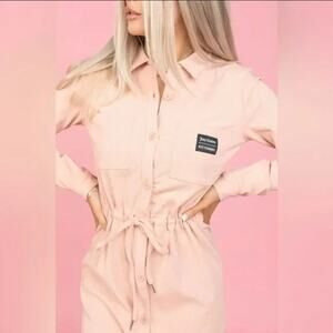 Kittenish Juicy Couture Ribbed Shirt Dress Peach Pink Button Front Drawstring S